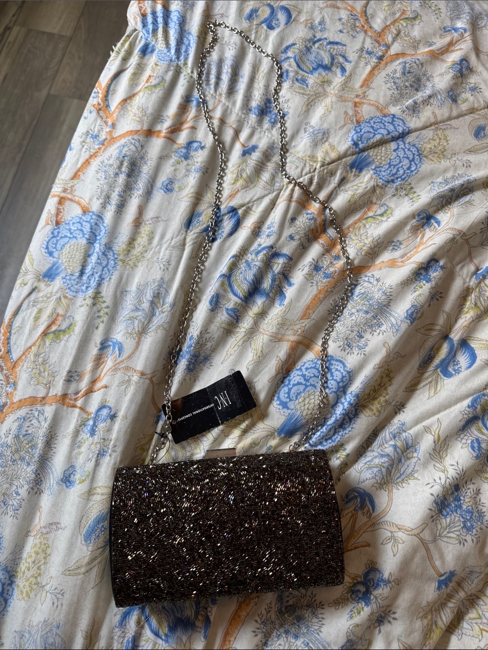 INC International Concepts Black Glitter Evening Clutch with Silver Chain